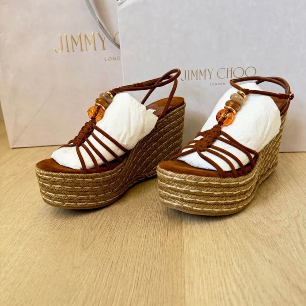 Jimmy Choo Tan Lemi Woven Platform Wedge Sandals 38 NIB - Picture 3 of 5